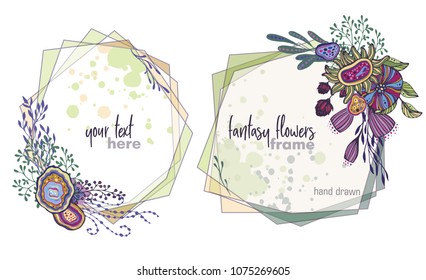 Set of two colorful vector floral frames with bouquets of hand drawn fantasy flowers, plants and branches. Beautiful template for invitations, greeting cards.