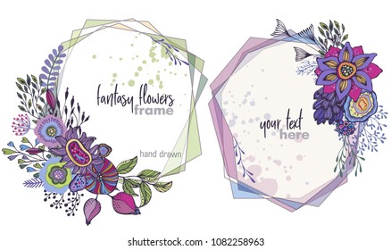 Set of two colorful vector floral frames with bouquets of hand drawn fantasy flowers, plants and branches. Beautiful template for invitations, greeting cards.