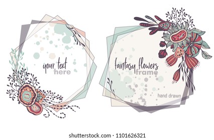 Set of two colorful vector floral frames with bouquets of fansy flowers