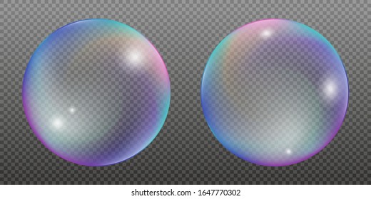 Set of two colorful water bubbles with rainbow reflections. Vector illustration isolated on a transparent background