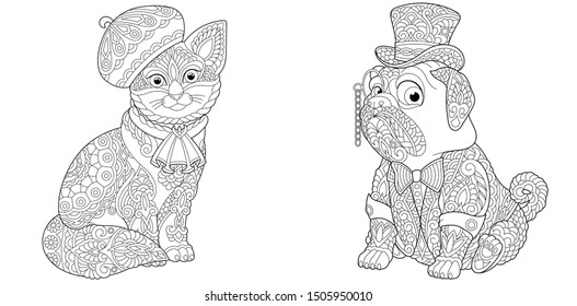 Set of two colouring pictures with retro fashionable cat and pug dog. Freehand cooring pages with doodle and zentangle elements.