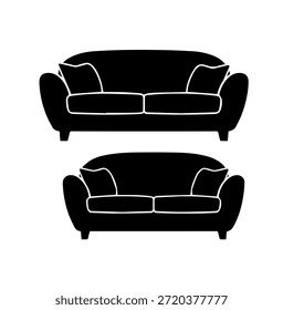 Conjunto de duas confortáveis silhuetas do sofá da sala de estar, sofá moderno com travesseiros mobília Vetor Ilustração