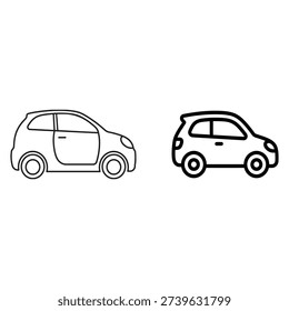 Set of two compact car line icons in minimal outline style. Small hatchback vehicles shown in side view with clean black stroke design. Simple and modern automotive vector illustration ideal for transportation concepts, urban mobility, car rental services, automotive apps, UI design, logos, and print projects. Isolated on light background.