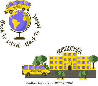 Set of two compositions with funny yellow school bus, school building, globe and typography isolated on transparent background