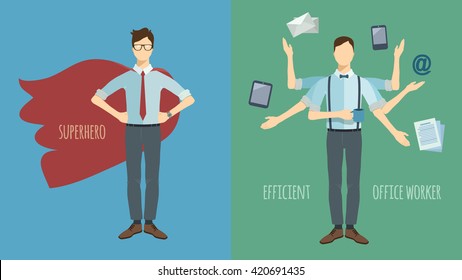 Set of two concept illustrations. Multitasking businessman with six hands. Superhero.