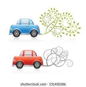 A set of two conceptual ecology illustrations. A red car producing pollution and a blue car using clean energy. Eps 10 Vector.