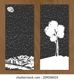 Set of two conceptual nature cards on wood texture. Stylized design elements, for flyer, brochure, invitation, card, banner. Easy to edit. Vector illustration - EPS10.
