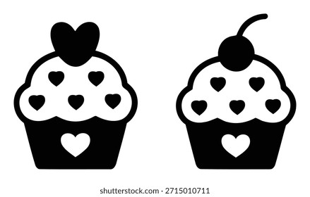 Ein Satz von zwei kontrastierenden schwarz-weißen Cupcake-Ikonen mit Herzdekorationen und einer mit einer Kirsche, perfekt für romantische oder Dessert-Themen.
