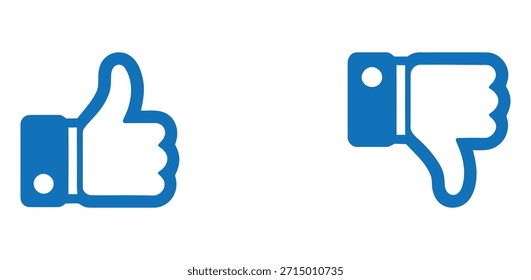 Set of two contrasting social media reaction icons, a blue thumbs up for approval and a blue thumbs down for disapproval, symbolizing choice and feedback.