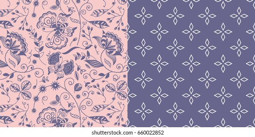 Set of Two Coordinated Repeating Patterns / Floral Butterfly Design with Swirls and Diamond line art Background/ Pink and Gray / Global Colors saved with Pattern Swatches