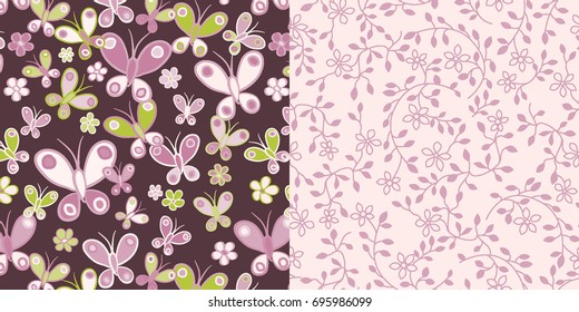 Set of Two Coordinated Seamless Butterflies Pattern and Small Flower Vine Pattern / Brown, Pink and Green / Global Colors saved with Pattern Swatches / Vector Illustration