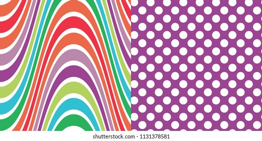 Set of Two Coordinated Seamless Patterns, Rainbow Waves and Polka Dot Patterns, Vector Illustration, Global Colors Saved with Pattern Swatches