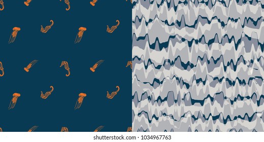 Set of Two Coordinated Seamless Repeat Patterns / Sealife Drawing Pattern and Textured Gray Camouflage Background / Vector Illustration / Global Colors Saved with Pattern Swatches