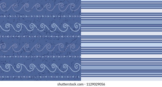 Set of Two Coordinated Seamless Repeat Patterns / Hand-drawn Tribal Print and Navy Blue Stripe Pattern / Vector Illustration / Global Colors Saved with Pattern Swatches