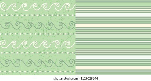 Set of Two Coordinated Seamless Repeat Patterns / Hand-drawn Tribal Print and Soft Green Stripe Pattern / Vector Illustration / Global Colors Saved with Pattern Swatches