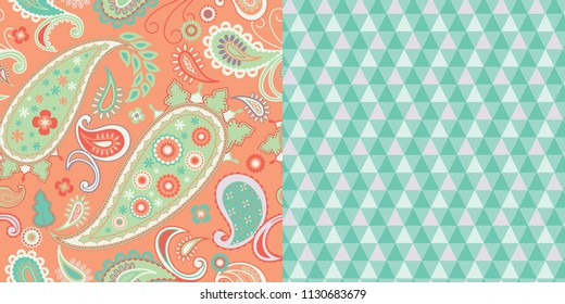 Set of Two Coordinated Seamless Repeat Patterns / Floral Paisley and Geometric Triangle Patterns / Vector Illustration / Global Colors Saved with Pattern Swatches
