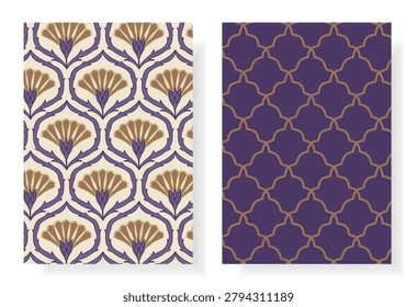 Set of two coordinating seamless patterns in purple and gold: Victorian thistle ogee on cream and geometric Moroccan trellis on dark background. Perfect for fabric, wallpaper, stationery, packaging.