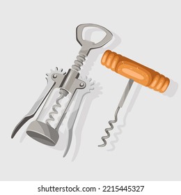 Set of two corkscrews openers. Vector illustration of metal corkscrew wing and metal wooden classic corkscrew isolated on white. Shops,design,bars,web concept.