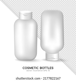 Conjunto de dos botellas cosméticas. Plantilla de tubos mate blanco 3D para su diseño. Maqueta de producto cosmético. Contenedor para gel, champú, hidratante, loción, crema, bloqueo solar, espuma de baño