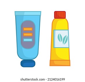 A set of two cosmetics in a tube and a jar. Vector illustration in cartoon childish style. Isolated funny clipart on white background. cute print