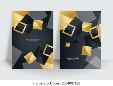 Conjunto de dos diseños de portada con textura de fondo abstracto de color negro dorado. Ilustración vectorial para portada, tarjeta de visita, banner de empresa, volante, afiche y mucho más