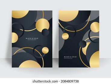 Set of two cover design with gold black abstract background texture. Vector illustration for cover, business card, company banner, flier, poster and much more