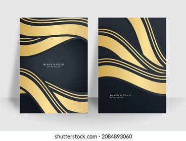 Set of two cover design with gold black abstract background texture. Vector illustration for cover, business card, company banner, flier, poster and much more