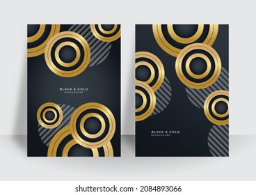 Set of two cover design with gold black abstract background texture. Vector illustration for cover, business card, company banner, flier, poster and much more