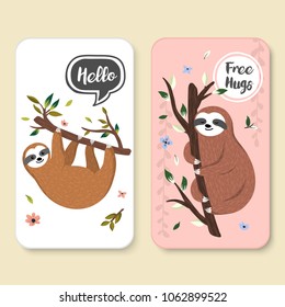 Set of two covers with cute baby sloths hanging on the tree. Hello and Free hugs illustrations with adorable cartoon animals, tree branch, floral elements. Vector graphics