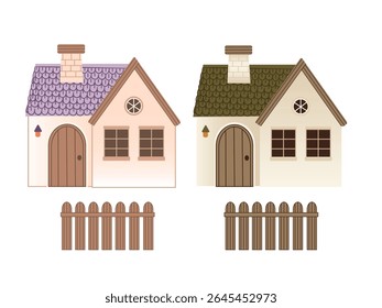 Set of two cozy cabins with fences, tile roofs, and chimneys. Bright, inviting scene with warm details perfect for seasonal designs, rural landscapes, or cozy home illustrations. Vector illustration