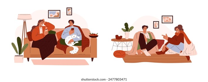 A set of two cozy illustrations featuring people wrapped in blankets on the floor and on the sofa, enjoying leisurely time with a pet and tea in the room. Flat visual art isolated on background.