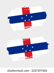 Set of two creative brush painted flags of Netherlands Antilles country with solid background