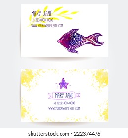 Set of two creative business card templates with artistic vector design. Hand drawn fish, purple star and yellow watercolor splashes.