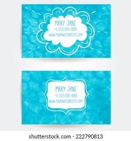 Set of two creative business card templates with artistic vector design.  Blue spatter background with light bokehs. 