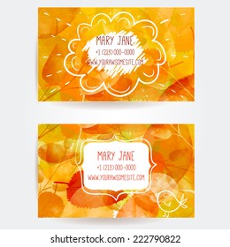 Set of two creative business card templates with artistic vector design. Yellow autumn background with different leaves pattern. 