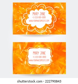 Set of two creative business card templates with artistic vector design. Yellow autumn background with different leaves pattern. 