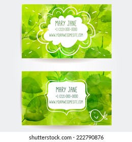 Set of two creative business card templates with artistic vector design. Green background with three leaves pattern. 
