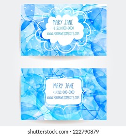 Set of two creative business card templates with artistic vector design.Abstract blue background with leaves pattern. 