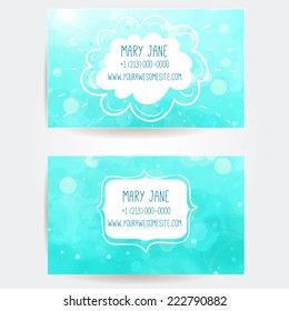 Set of two creative business card templates with artistic vector design. Blue water background with light bokehs. 