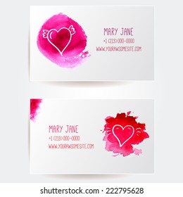 Set of two creative business card templates with artistic vector design. Watercolor splashes with hand drawn hearts.
