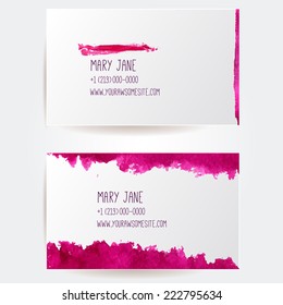 Set of two creative business card templates with artistic vector design. Red cosmetic abstract paint strokes.