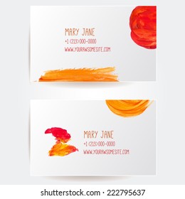 Set of two creative business card templates with artistic vector design. Orange and red abstract paint strokes.