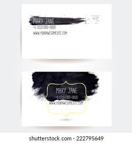 Set of two creative business card templates with artistic vector design. Black ink brush strokes and stains.