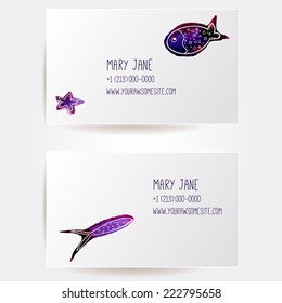 Set of two creative business card templates with artistic vector design. Watercolor underwater life: purple fishes and sea star,