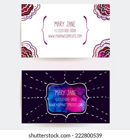 Set of two creative business card templates with artistic vector design. Pink and purple watercolor spots and stains.