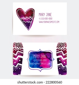 Set of two creative business card templates with artistic vector design. Pink and purple watercolor spots and stains.