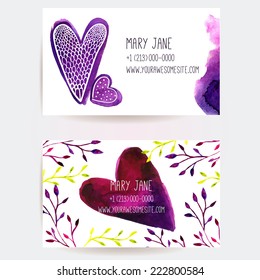 Set of two creative business card templates with artistic vector design. Pink and purple watercolor spots and stains.