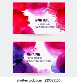 Set of two creative business card templates with artistic vector design. Abstract pink and purple watercolor splashes.