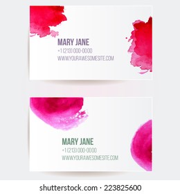 Set of two creative business card templates with artistic vector design. Abstract pink and red watercolor splashes.