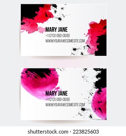 Set of two creative business card templates with artistic vector design. Abstract red watercolor splashes and black grunge texture.